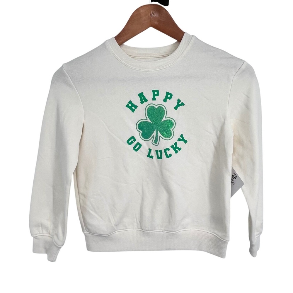 Happy Go Lucky Glitter Shamrock Sweatshirt Girls Small 6-7 Ivory Festive Holiday